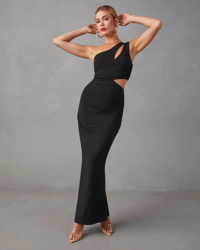 Layana One Shoulder Ruched Cutout Maxi Dress sold by Vici