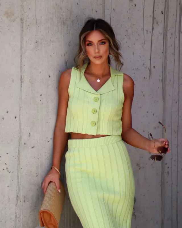 Vertie Collared Sweater Knit Button Down Crop Top - Lime - FINAL SALE sold by Vici