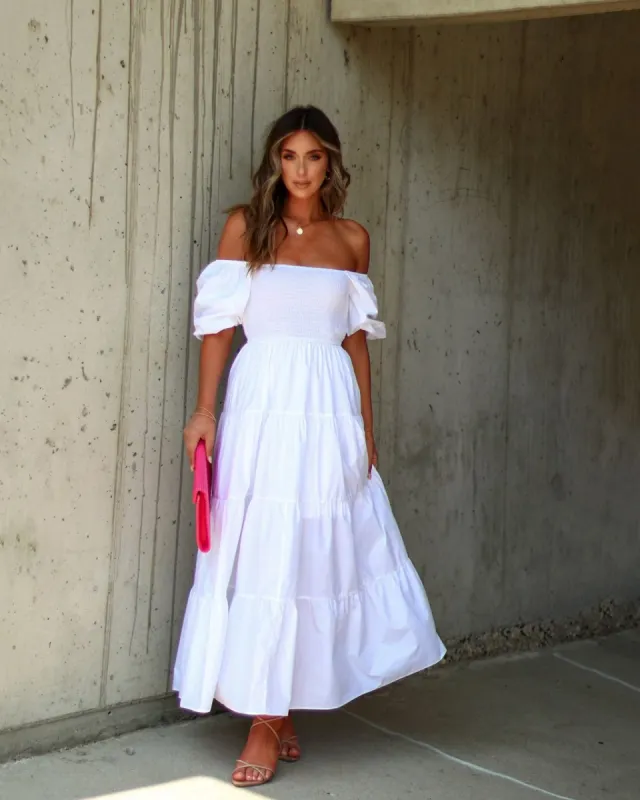 Modena Puff Sleeve Tiered Midi Dress - Off White - SALE sold by Vici