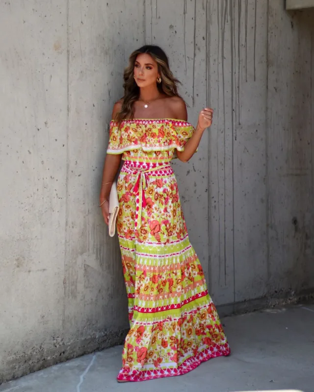 Etienne Off Shoulder Floral Maxi Dress - Lime/Multi - FINAL SALE sold by Vici