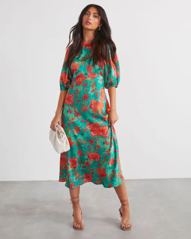 Damara Satin Floral Short Sleeve Midi Dress - Green made by Vici