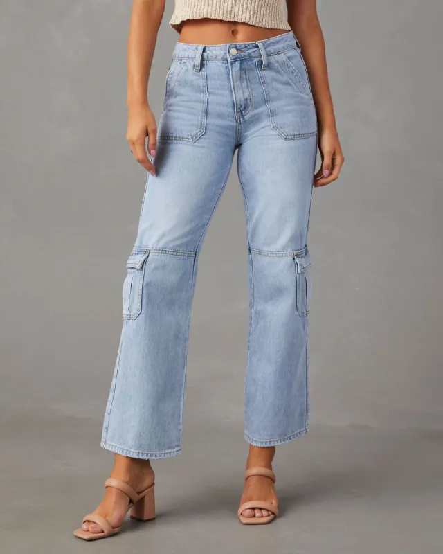 Kacy Mid Rise Utility Cargo Jeans - Light Wash - SALE sold by Vici