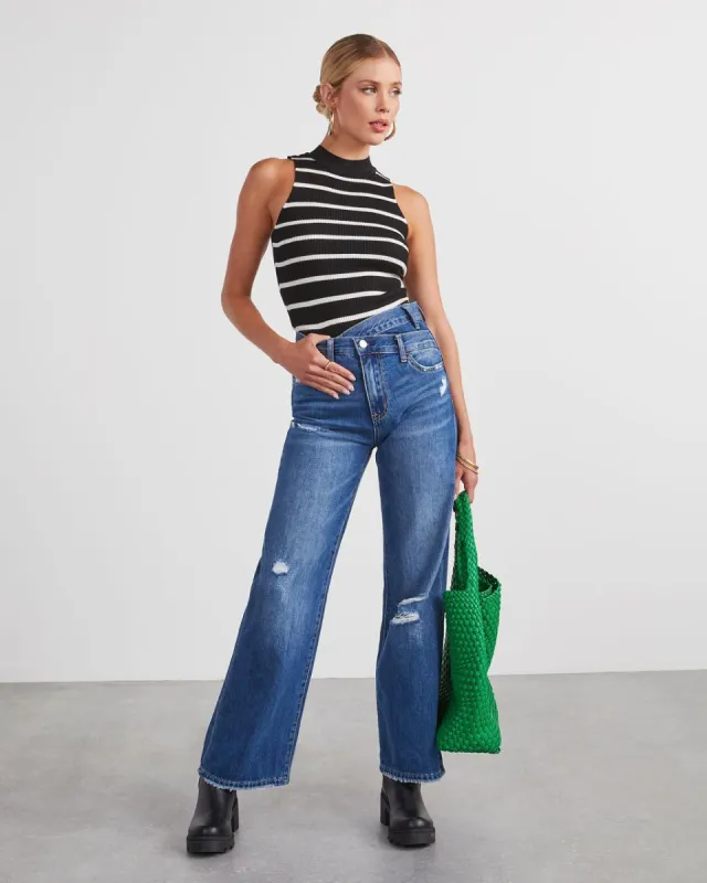Provo High Rise Asymmetrical Waist Wide Leg Jeans - Dark Wash - SALE sold by Vici