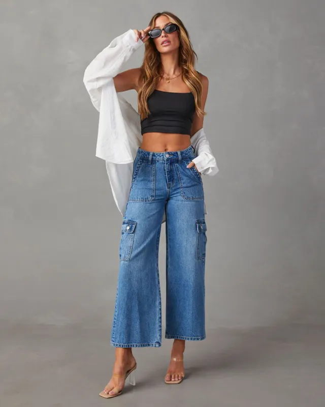 Aliza High Rise Wide Leg Cargo Jeans - Medium Wash sold by Vici