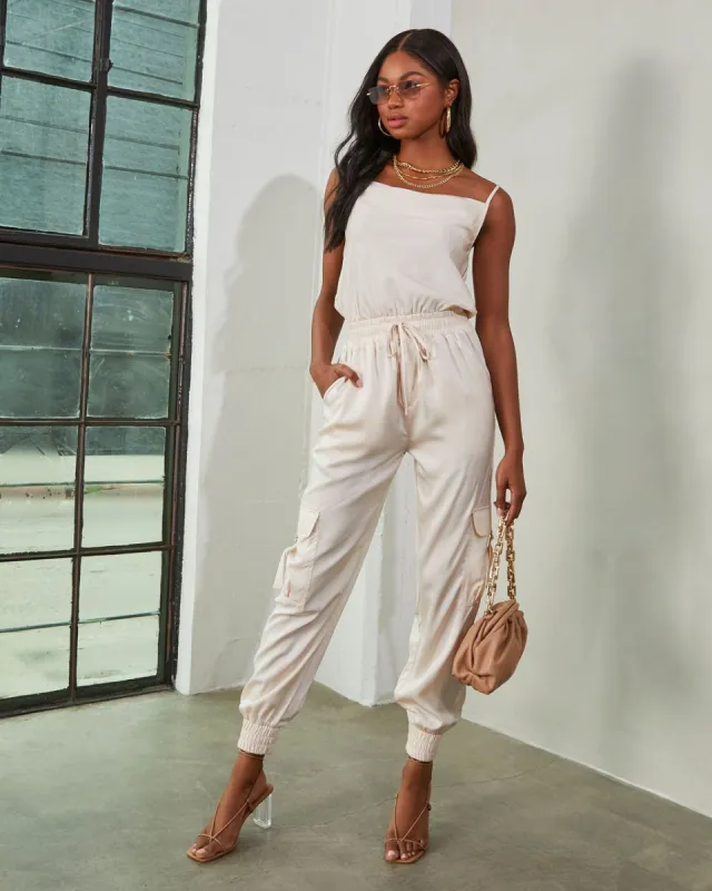 Ornella Satin Cargo Jumpsuit - Cream - SALE sold by Vici