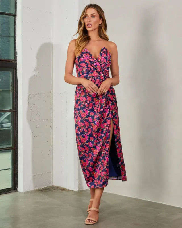 Lovestruck Satin Strapless Floral Midi Dress - Black/Red - SALE sold by Vici