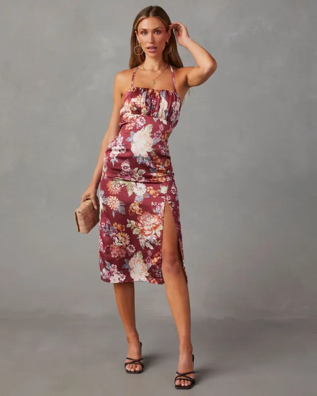 Stole My Heart Satin Floral Midi Dress - Red - SALE sold by Vici