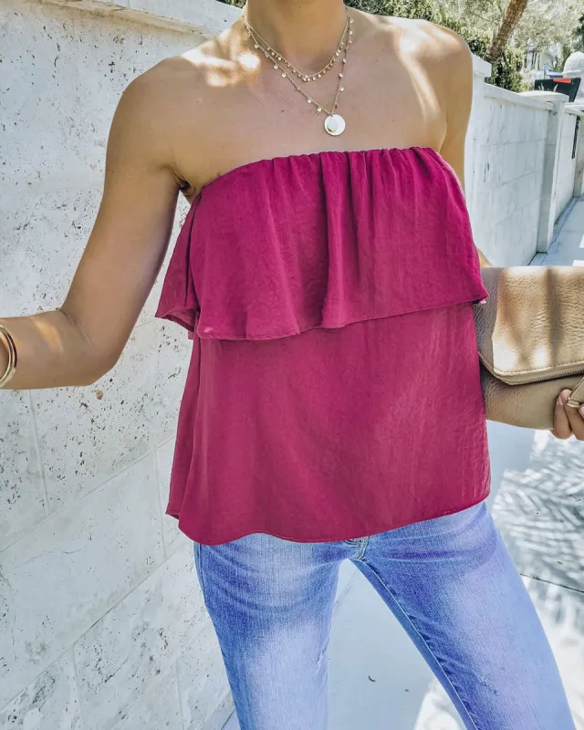 Sana Strapless Ruffle Blouse - Sangria - FINAL SALE sold by Vici