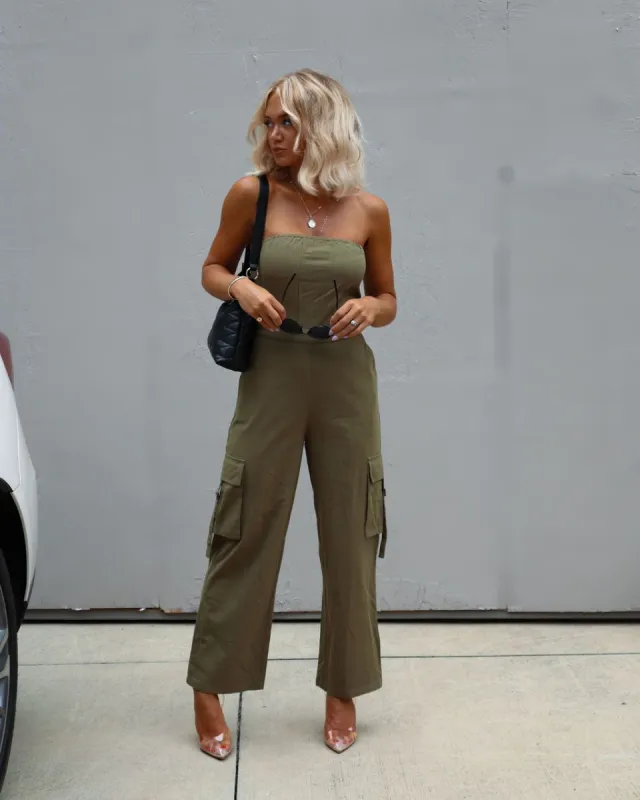 Marquette Strapless Cargo Jumpsuit - Olive sold by Vici