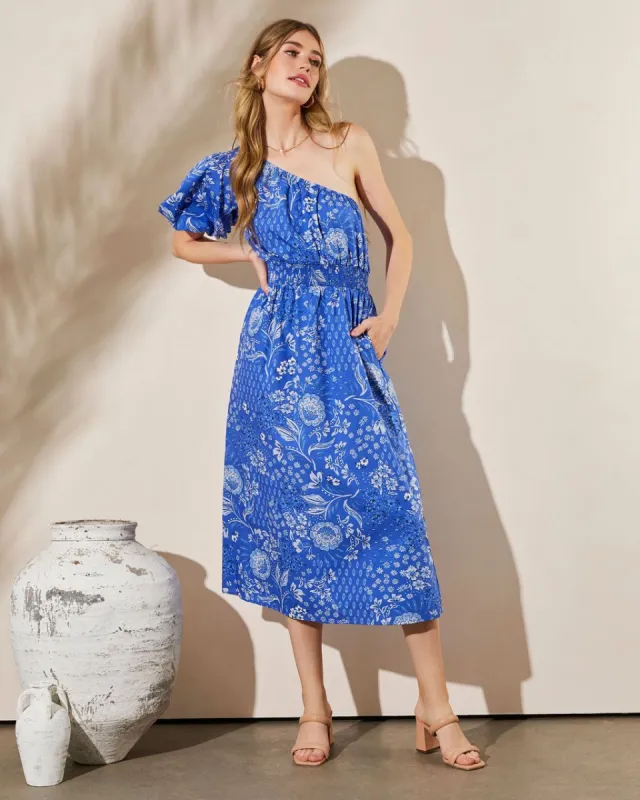 Lafayette Floral One Shoulder Midi Dress - Blue sold by Vici