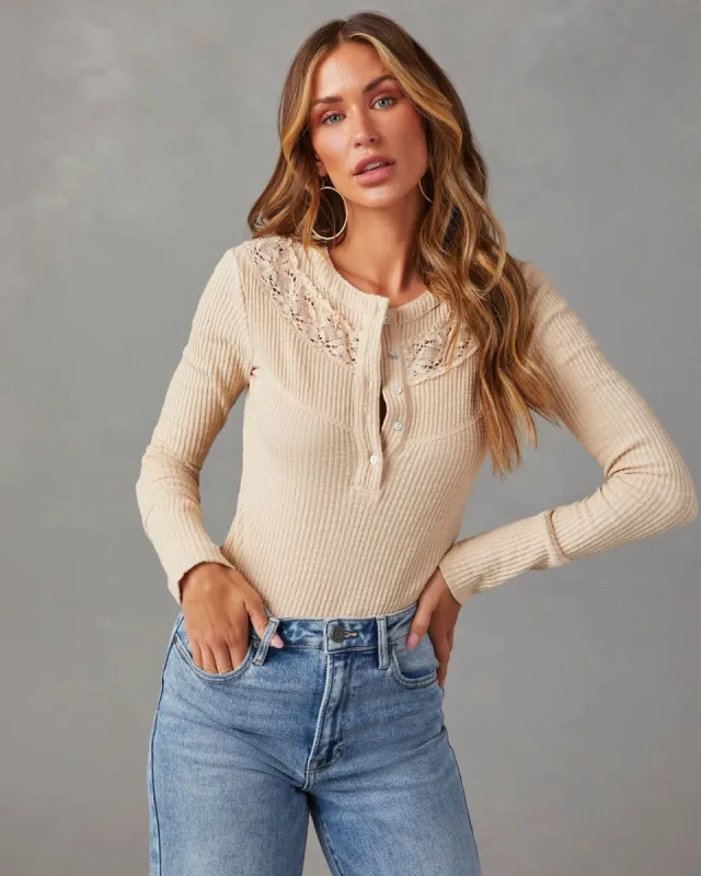 Estes Button Front Long Sleeve Bodysuit - Beige - SALE sold by Vici