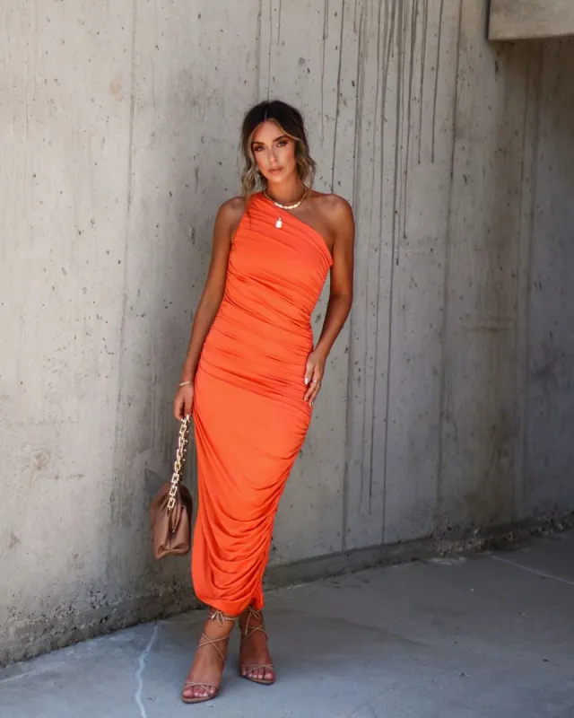 Ortega One Shoulder Ruched Midi Dress - Orange - SALE sold by Vici