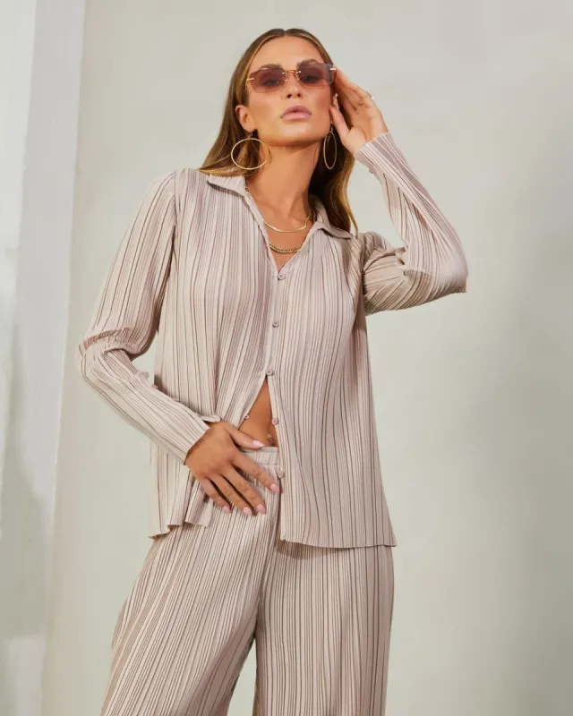 Hammond Plisse Button Down Top - Taupe - FINAL SALE sold by Vici