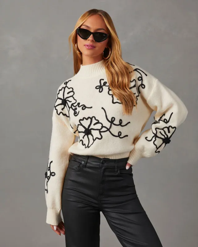 Abstract Garden Floral Pullover Sweater - Cream/Black sold by Vici