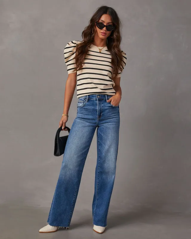 Fine Lines Striped Puff Sleeve Knit Top - Beige/Black sold by Vici