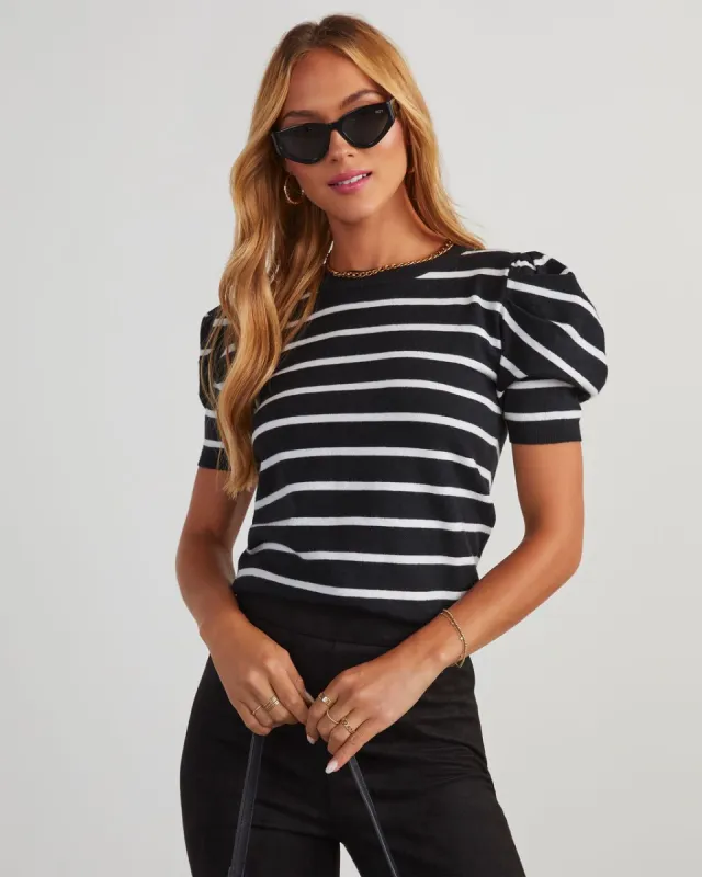Fine Lines Striped Puff Sleeve Knit Top - Black/White made by Vici