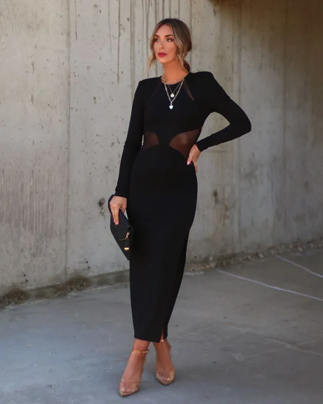 Melania Padded Shoulder Mesh Cutout Maxi Dress sold by Vici