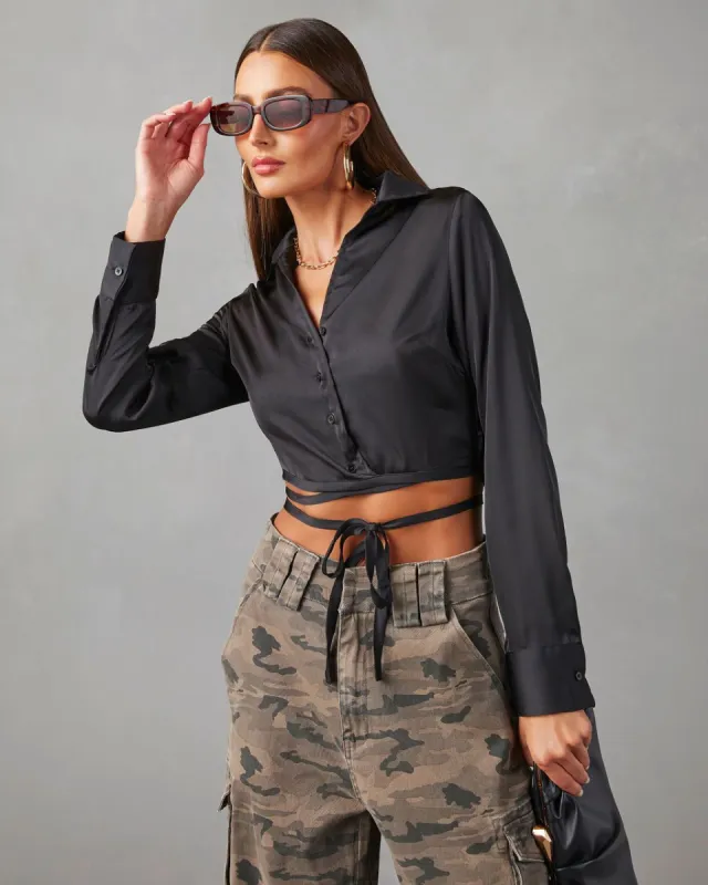 Aidan Satin Long Sleeve Wrap Top - Black - FINAL SALE sold by Vici