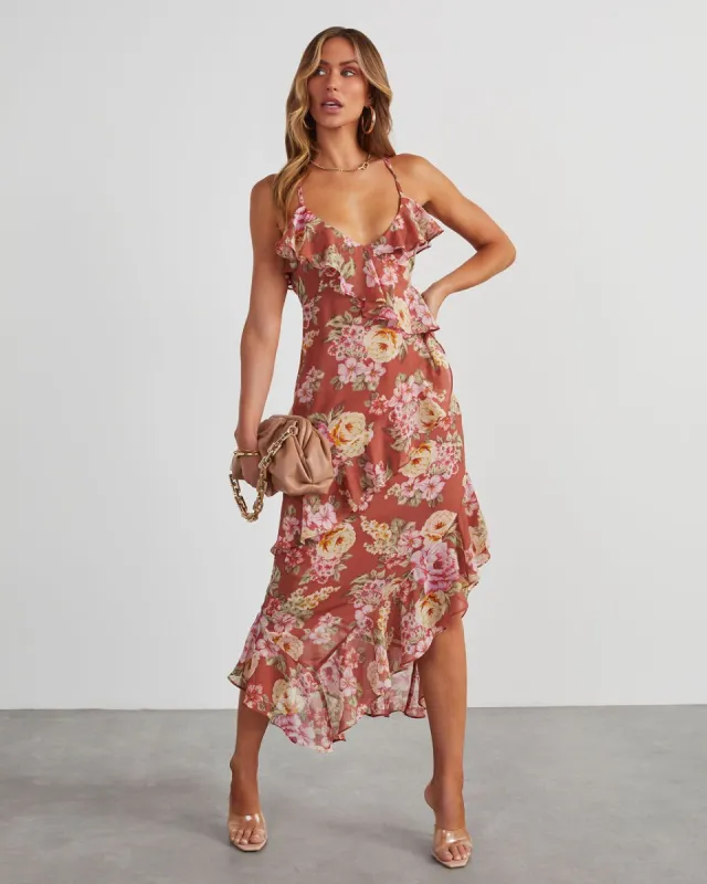 Safia Floral Ruffle Slip Midi Dress - Mauve/Rose sold by Vici