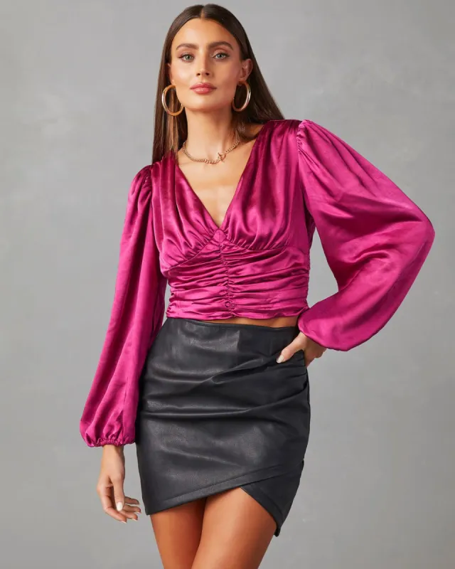 Aubriella Satin Ruched Long Sleeve Top - Berry - FINAL SALE sold by Vici