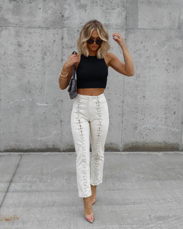 Nicolette Lace Up High Rise Pants - Ivory sold by Vici
