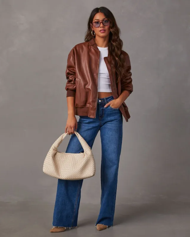 Domingo Faux Leather Zip Bomber Jacket - Brown sold by Vici