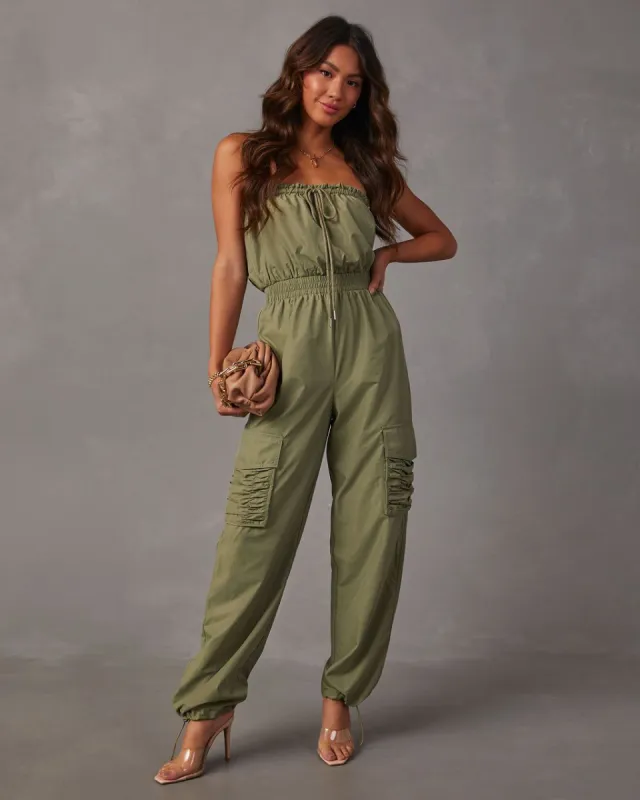 Toya Strapless Pocketed Jumpsuit - Olive sold by Vici