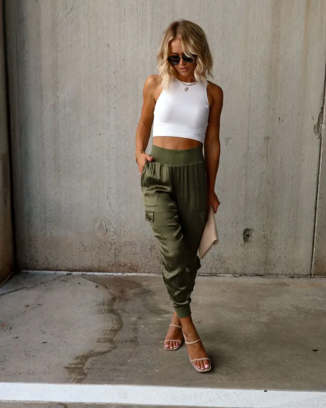 Luxe Look Satin Pocketed Joggers - Olive sold by Vici