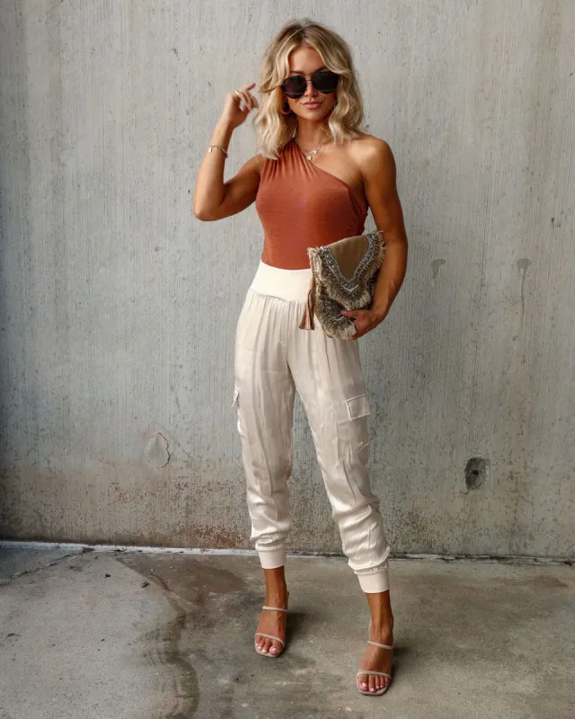 Luxe Look Satin Pocketed Joggers - Champagne made by Vici