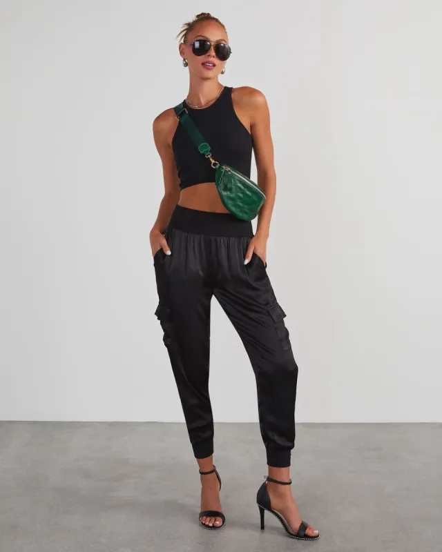 Luxe Look Satin Pocketed Joggers - Black sold by Vici