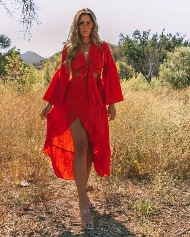 Cool Tones Cotton Pocketed Wrap Midi Skirt - Red - LAST CHANCE sold by Vici