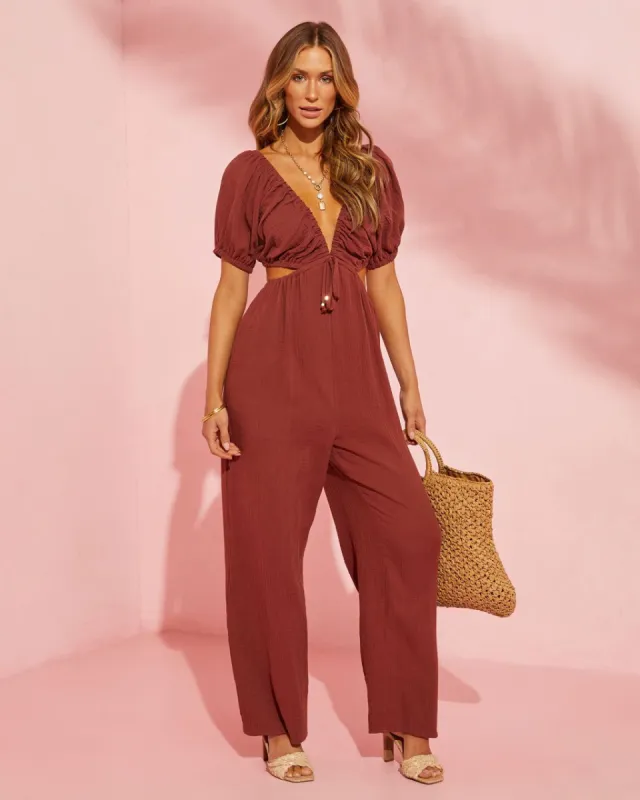Jhene Cutout Short Sleeve Jumpsuit - Brown - FINAL SALE sold by Vici
