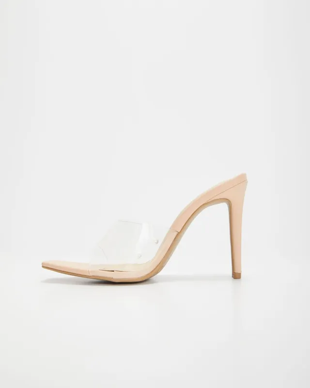 Alena Square Open Toe Clear Strap Heels - Nude - SALE sold by Vici