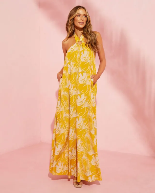 Away On Vacay Printed Halter Maxi Dress - Yellow - SALE sold by Vici