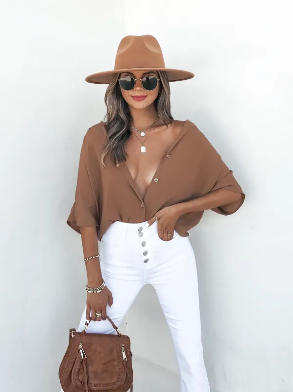 Evelin Button Down Blouse - Brown - FINAL SALE sold by Vici