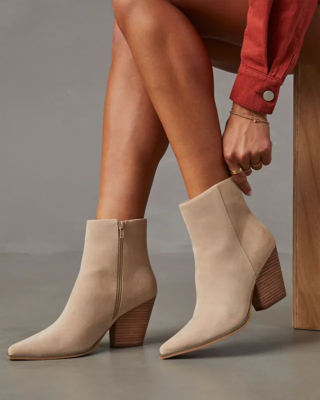 Rowyn Faux Suede Heeled Bootie - Beige sold by Vici