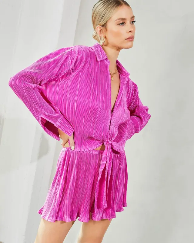 Esme Plisse Tie Front Long Sleeve Top - Magenta - FINAL SALE sold by Vici