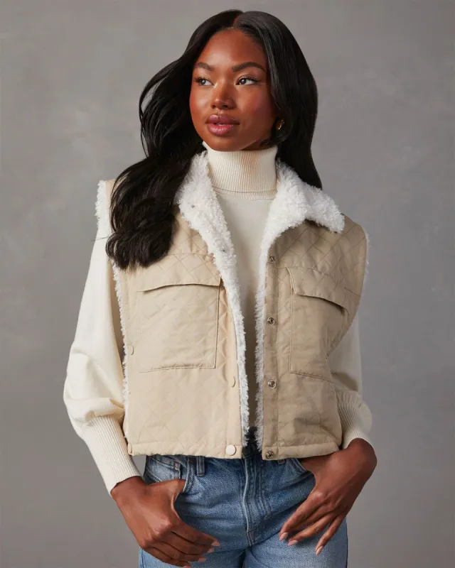 Everlasting Faux Fur Cropped Puffer Vest - Beige sold by Vici