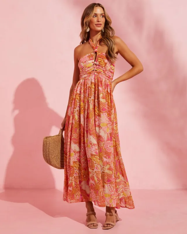 Savaneta Ruched Halter Maxi Dress - Pink/Multi - SALE sold by Vici