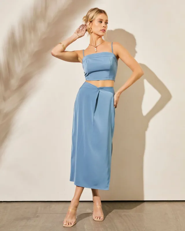 Party Starter Front Twist Midi Skirt - Dusty Blue - FINAL SALE sold by Vici