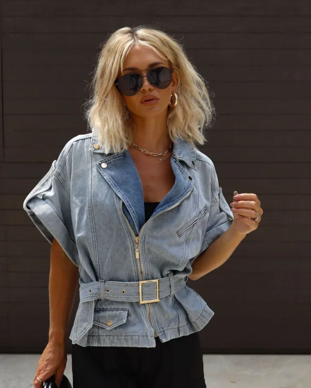 Belisse Belted Short Sleeve Denim Top sold by Vici