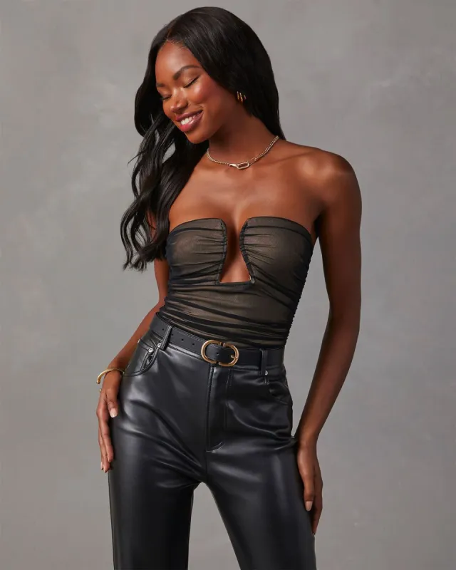 Jazlynn Mesh Strapless Ruched Cutout Bodysuit - Black sold by Vici
