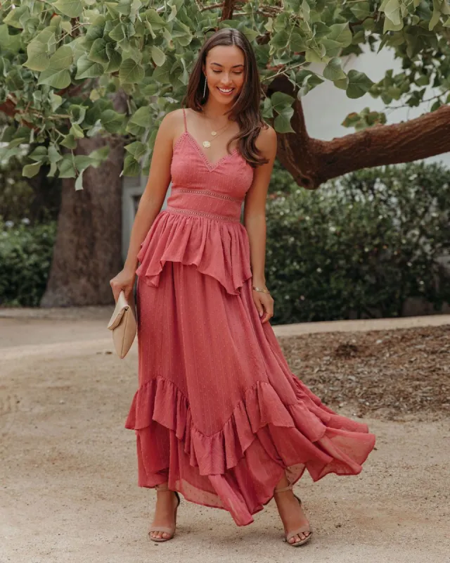 Remembered Always Swiss Dot Peplum Maxi Dress - Rose - FINAL SALE sold by Vici