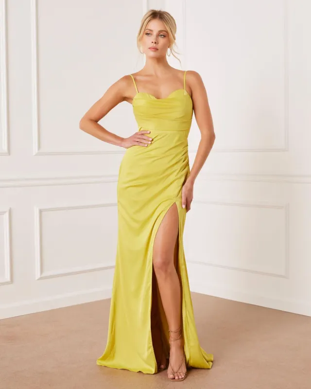 Serenella Satin Cowl Neck Front Slit Maxi Dress - Lime - FINAL SALE sold by Vici