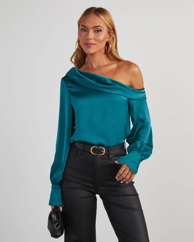 Runway Girl Satin Off Shoulder Top - Emerald sold by Vici