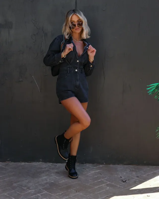We Can Do It Pocketed Denim Romper - Black - FINAL SALE sold by Vici