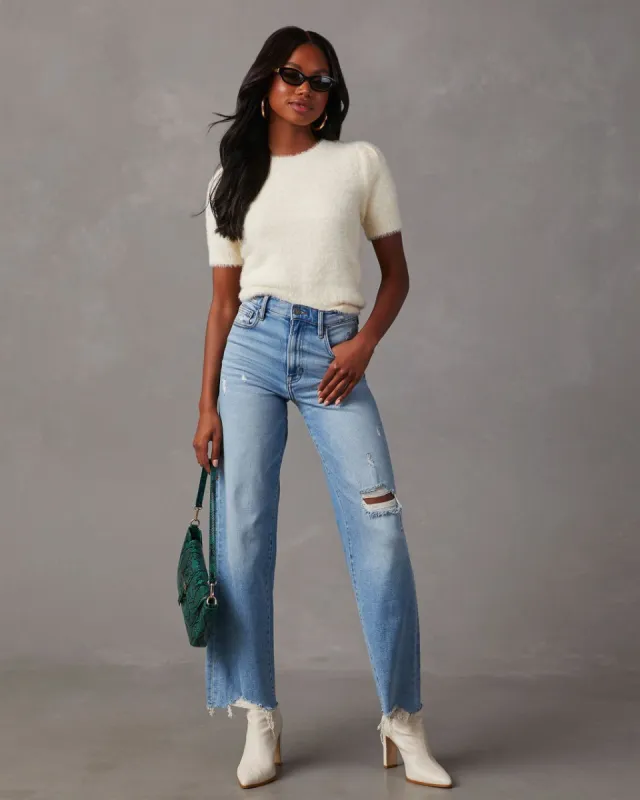 Emanuelle Fuzzy Short Sleeve Sweater Top - Ivory sold by Vici