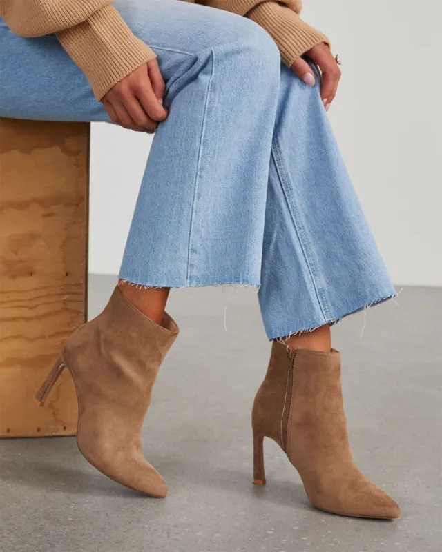 Milana Faux Suede Heeled Bootie - Taupe sold by Vici