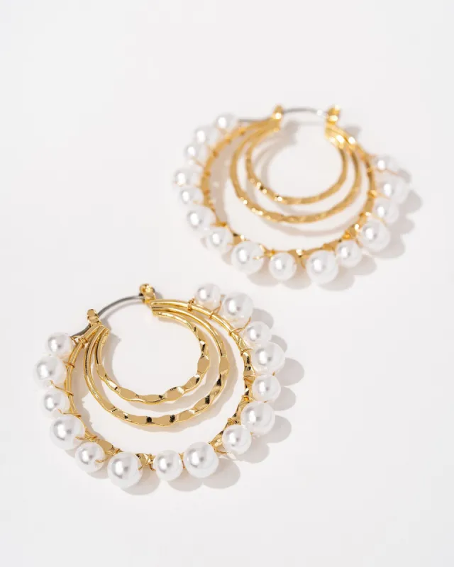 Celeste Hammered Pearl Hoops - Gold - SALE made by Vici