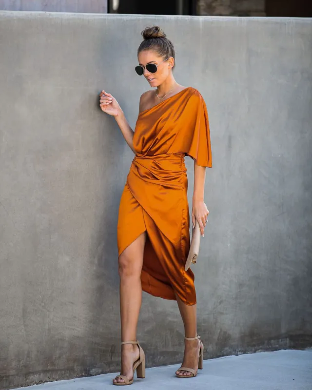 Persimmon One Shoulder Satin Drape Dress - Rust - FINAL SALE sold by Vici